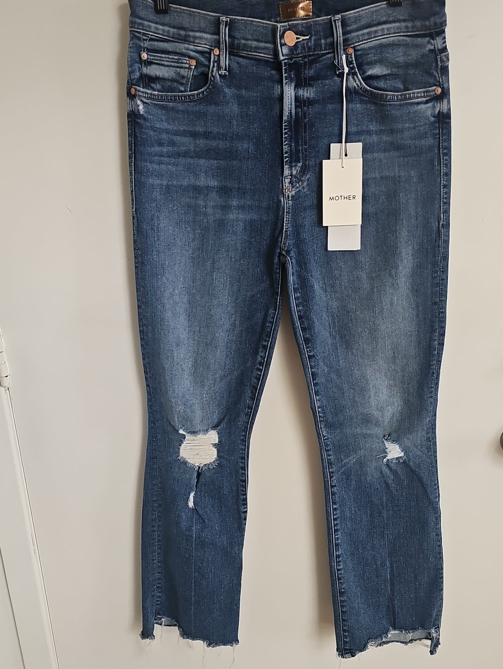 MOTHER Distressed Dark Blue Crop Jeans with Frayed Hem